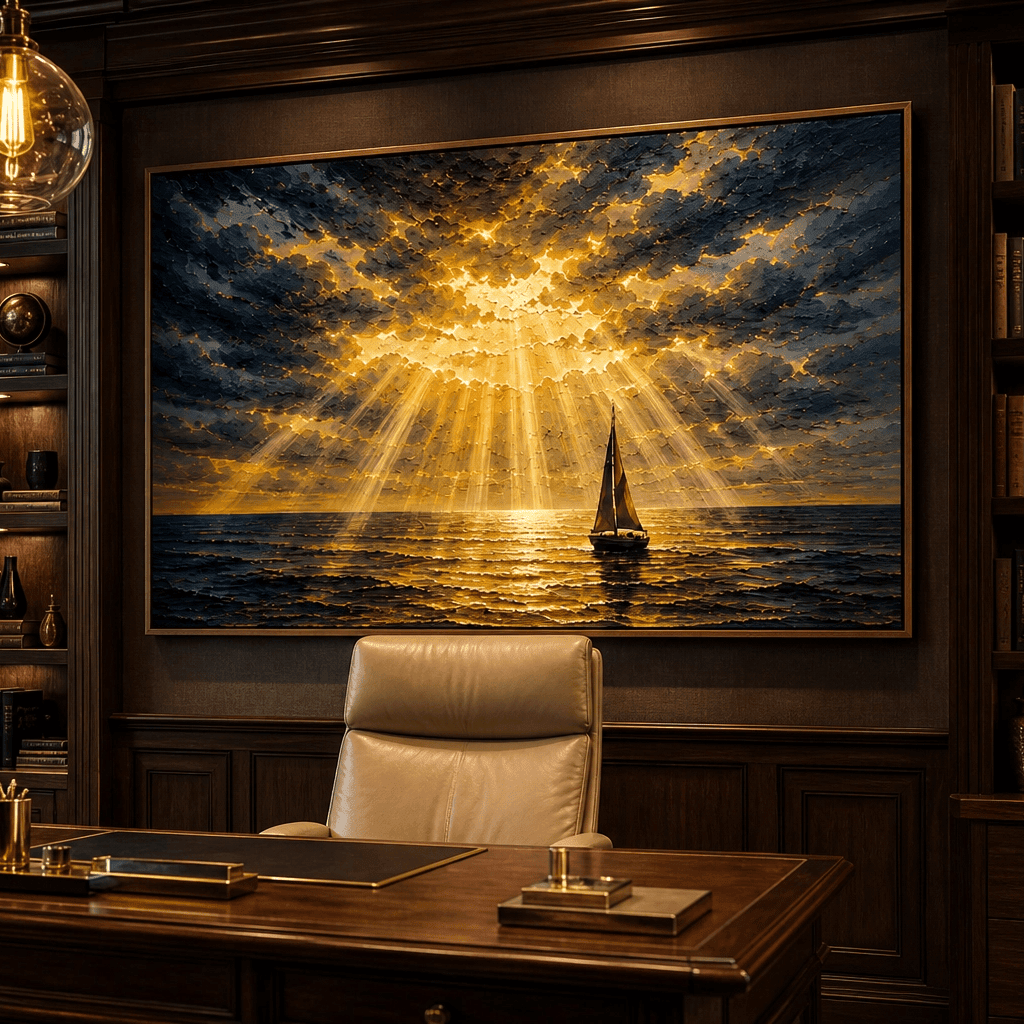 Golden Sailboat Seascape Wall Art | Stormy Ocean Canvas | Large Navy & Gold Statement Piece | Dramatic Coastal Painting