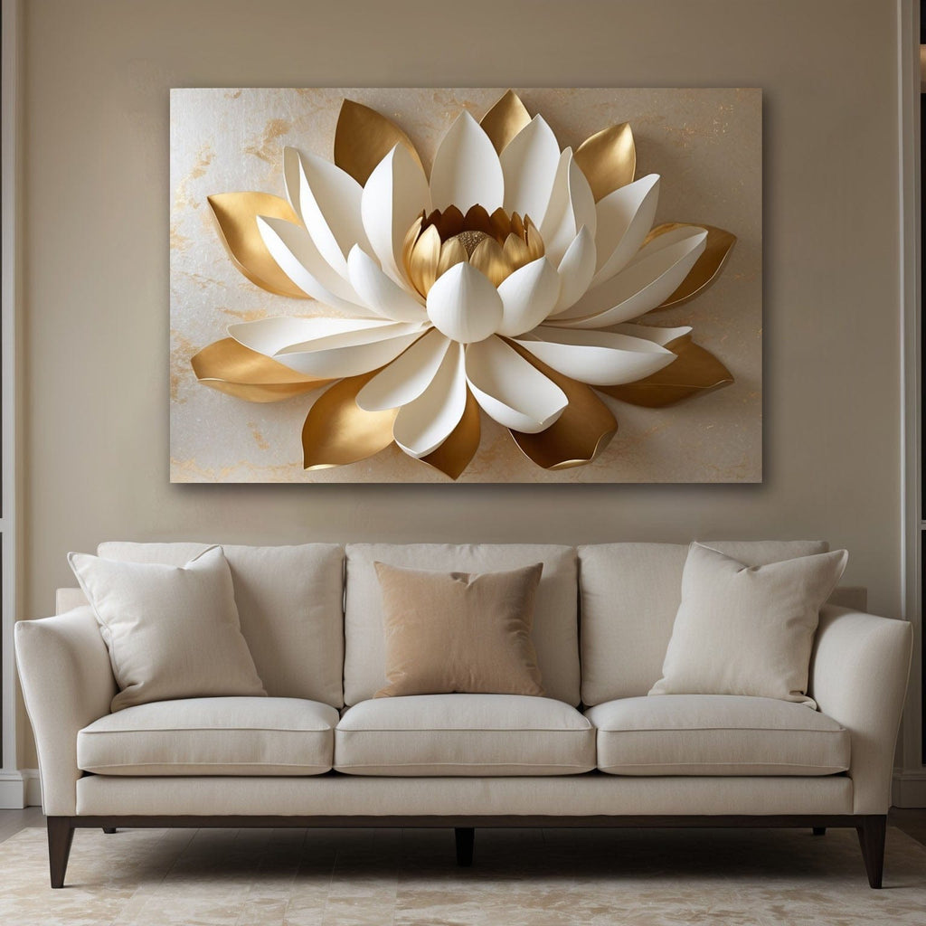 Golden White Lotus Wall Art Flat Printed Canvas with Elegant Floral Design