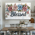 Grace in Bloom – Rustic Rose & Blue Floral “Blessed” Wall Art Canvas
