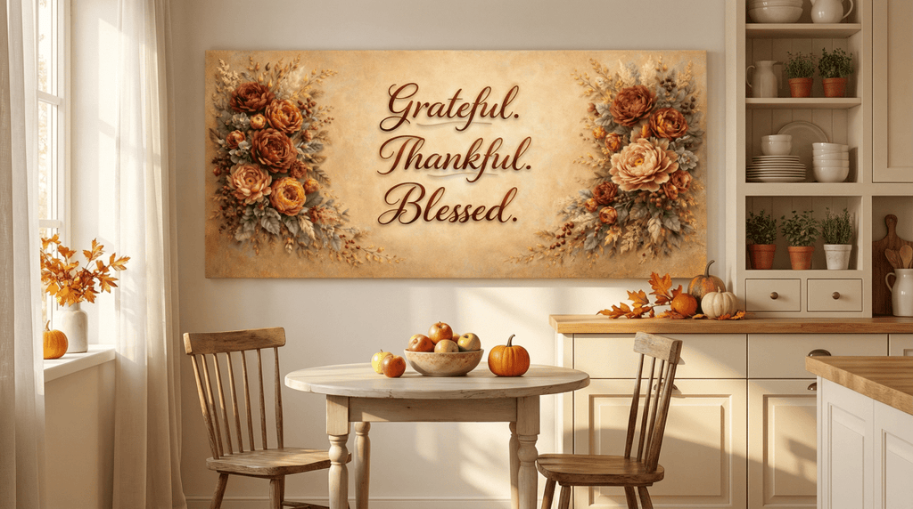Grateful Thankful Blessed Wall Art - Warm Autumn Floral Canvas with Rust and Ochre Peonies