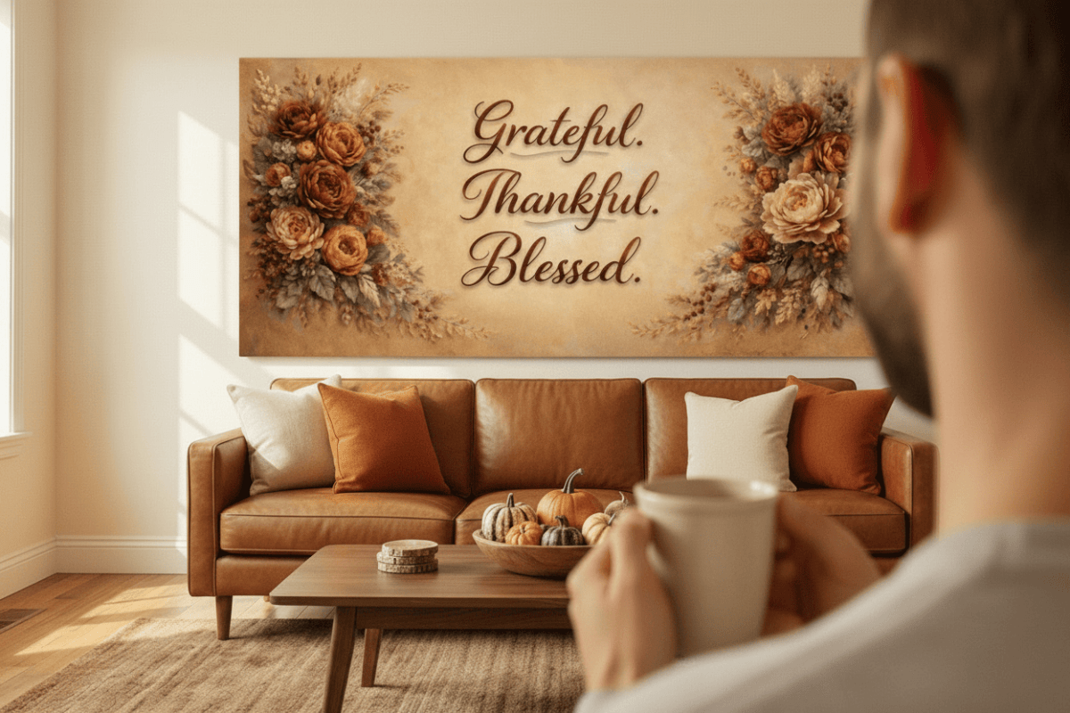 Grateful Thankful Blessed Wall Art - Warm Autumn Floral Canvas with Rust and Ochre Peonies