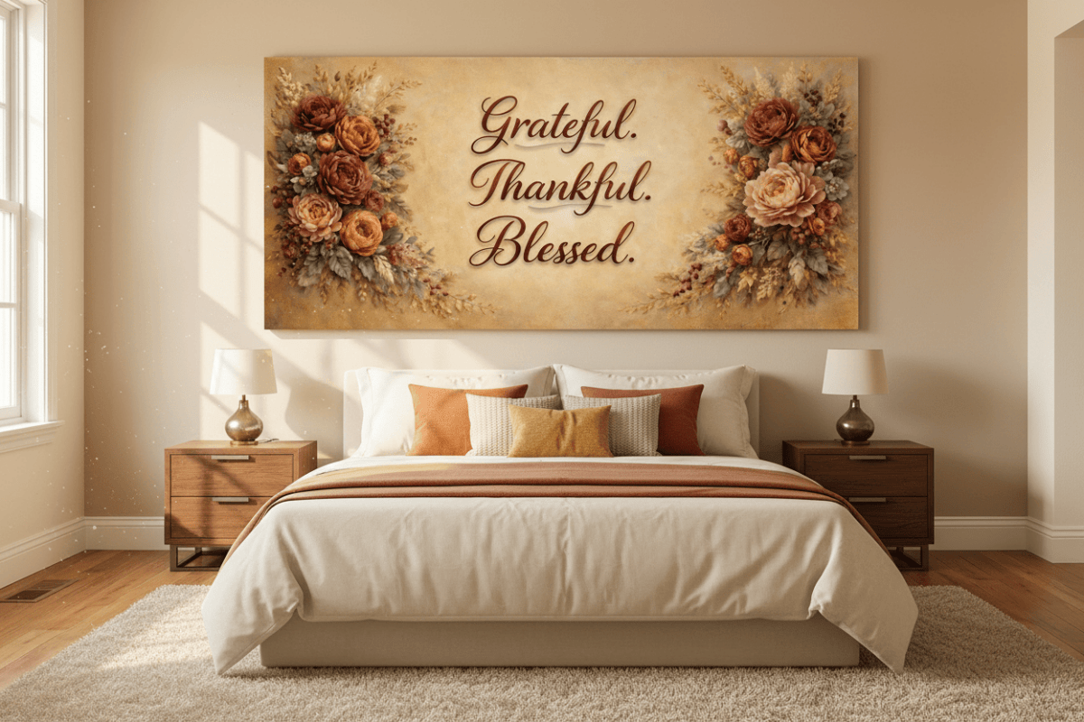 Grateful Thankful Blessed Wall Art - Warm Autumn Floral Canvas with Rust and Ochre Peonies