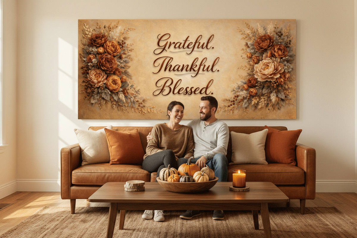 Grateful Thankful Blessed Wall Art - Warm Autumn Floral Canvas with Rust and Ochre Peonies