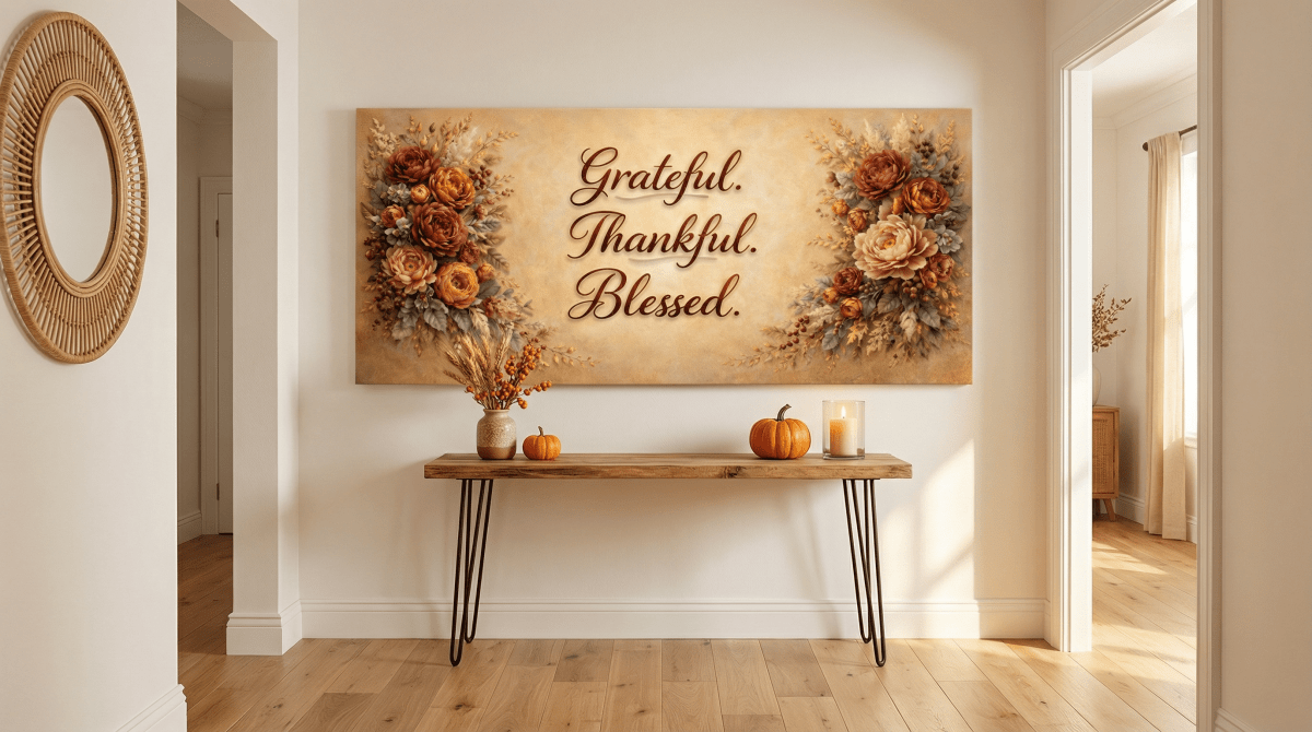 Grateful Thankful Blessed Wall Art - Warm Autumn Floral Canvas with Rust and Ochre Peonies