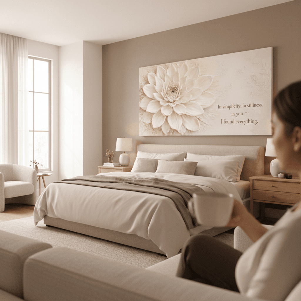 In Simplicity and Stillness Wall Art -  Cream Dahlia Canvas Print with Champagne Gold Accents