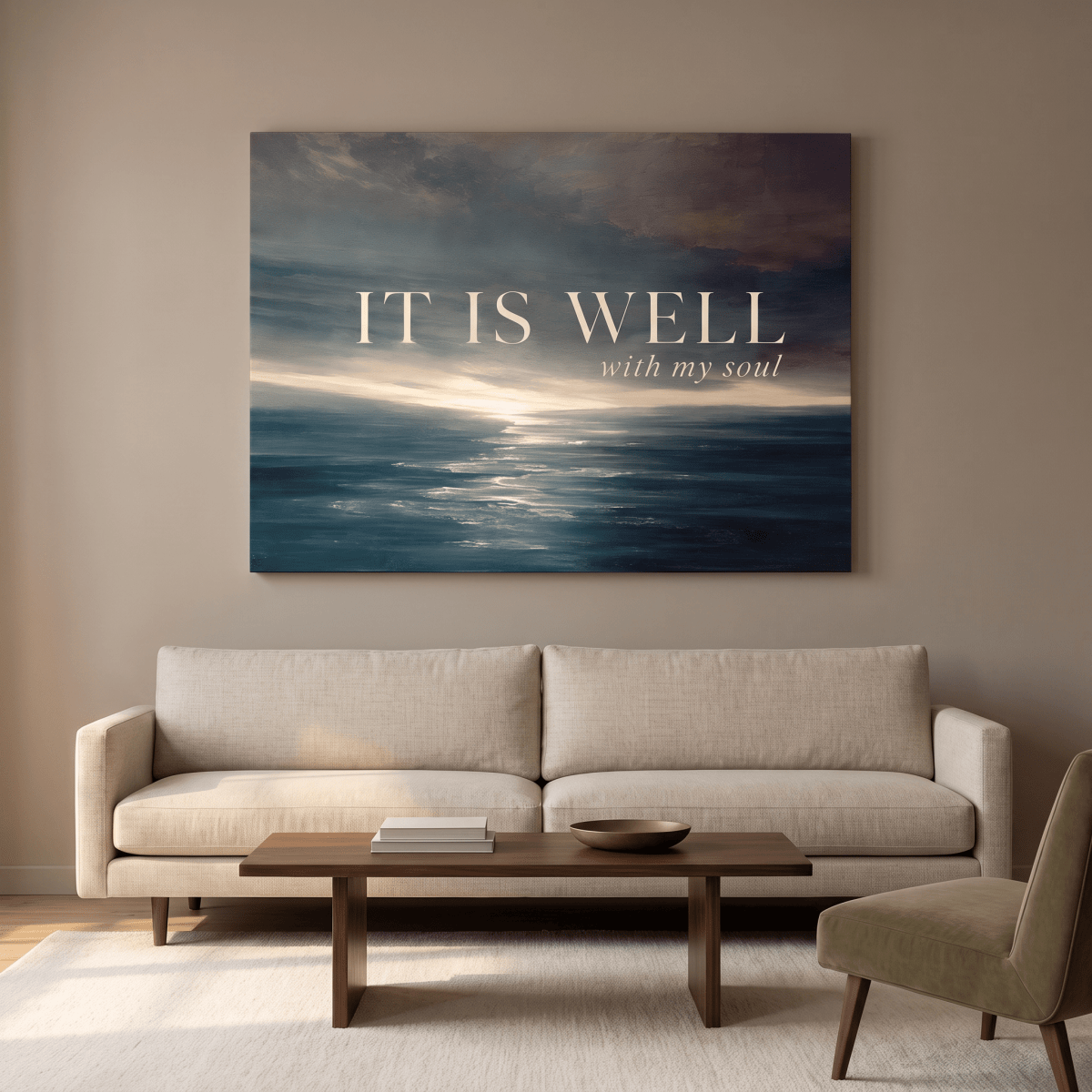 It Is Well With My Soul Wall Art – Christian Hymn Canvas, Moody Ocean Sunset Seascape in Deep Teal