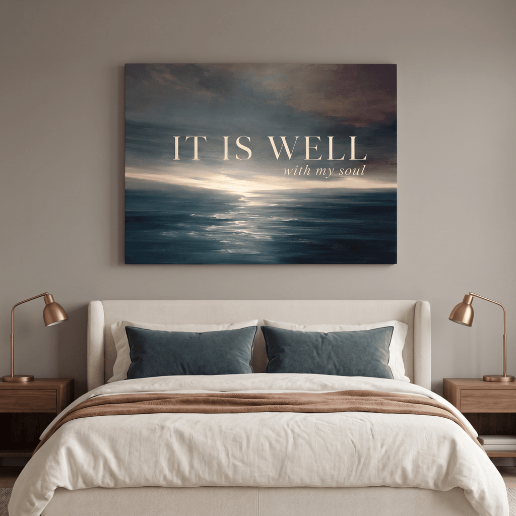It Is Well With My Soul Wall Art – Christian Hymn Canvas, Moody Ocean Sunset Seascape in Deep Teal