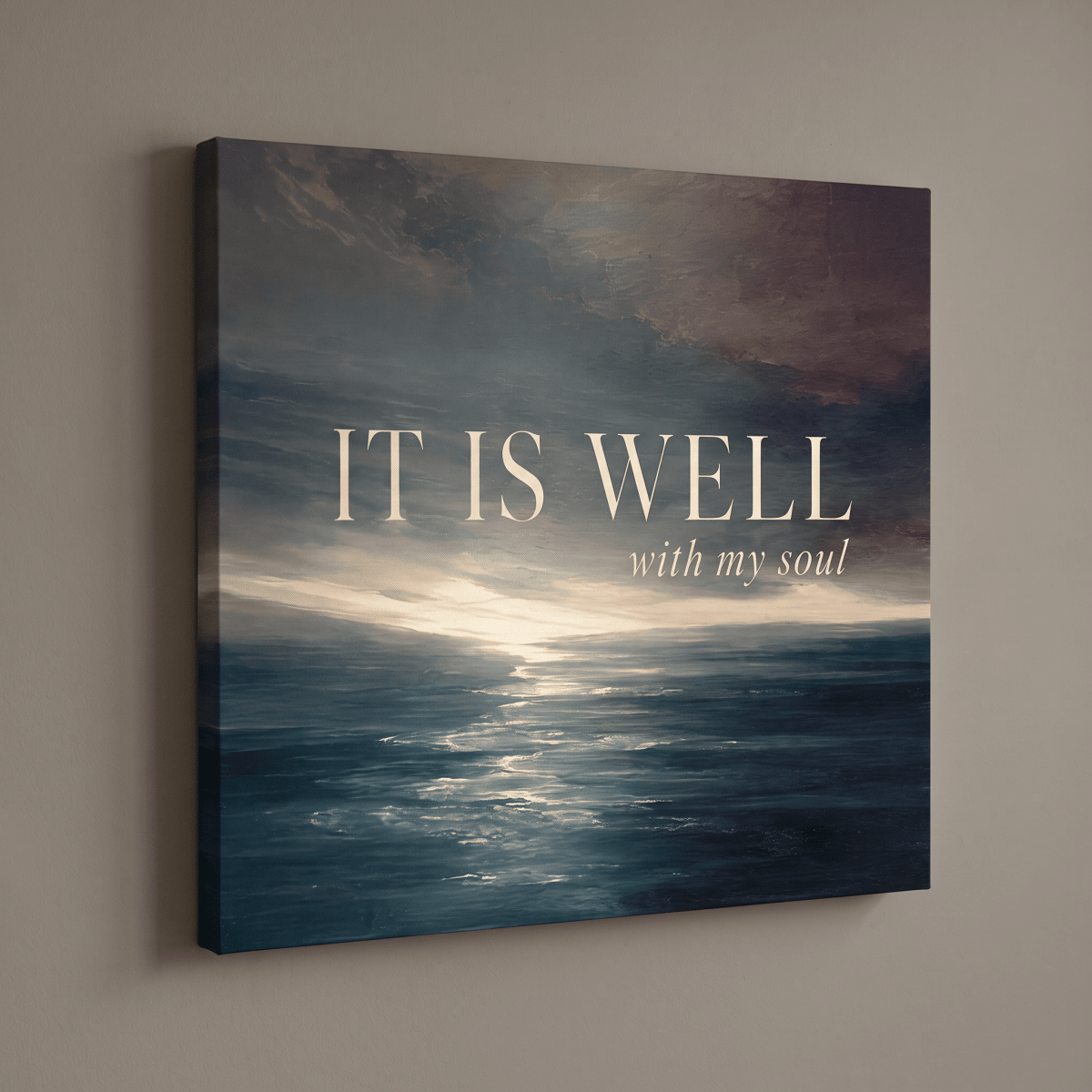 It Is Well With My Soul Wall Art – Christian Hymn Canvas, Moody Ocean Sunset Seascape in Deep Teal