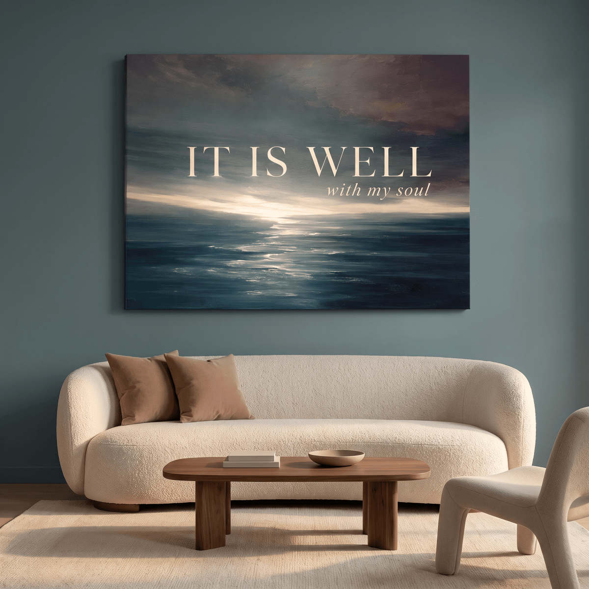 It Is Well With My Soul Wall Art – Christian Hymn Canvas, Moody Ocean Sunset Seascape in Deep Teal
