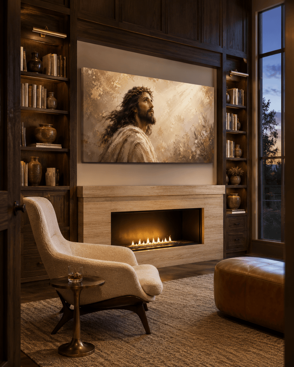 Jesus Christ Wall Art – Crown of Thorns Gold & Cream Textured Christian Canvas for Living Room