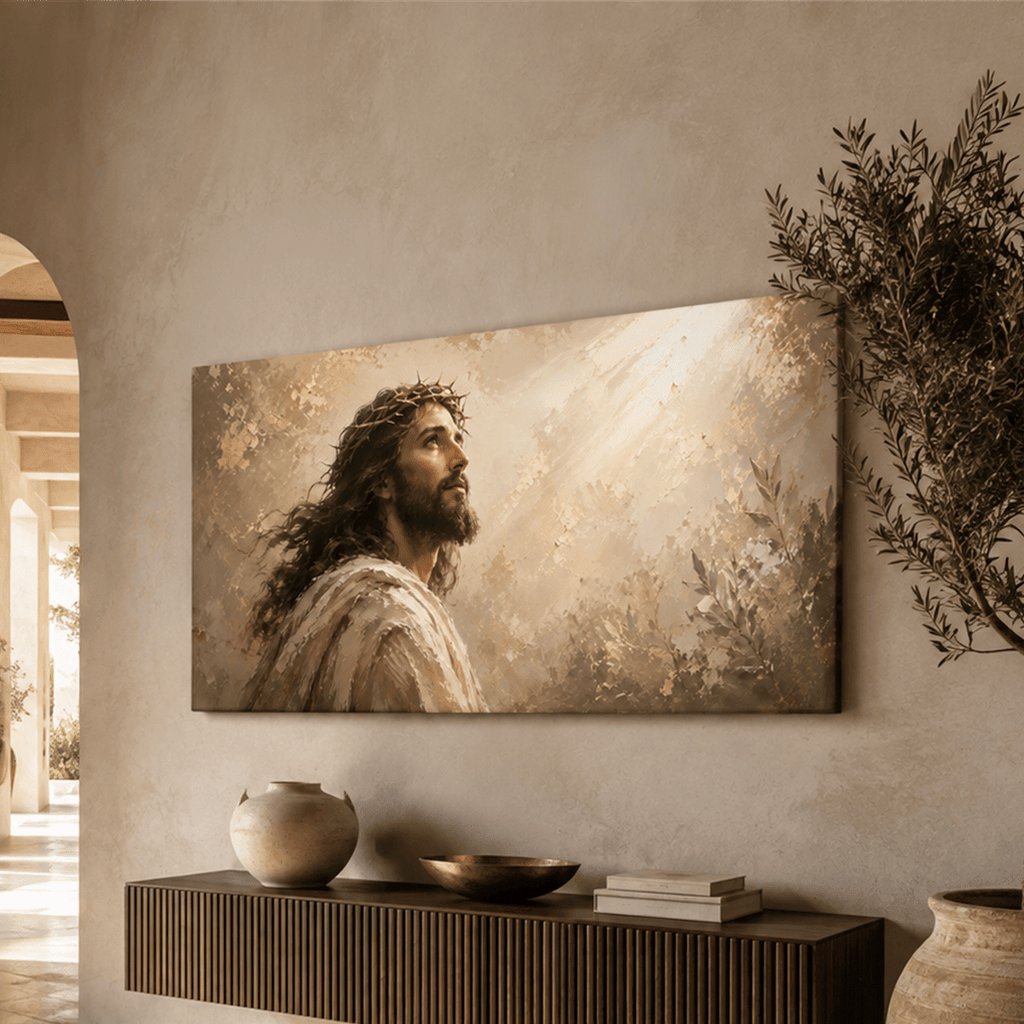 Jesus Christ Wall Art – Crown of Thorns Gold & Cream Textured Christian Canvas for Living Room