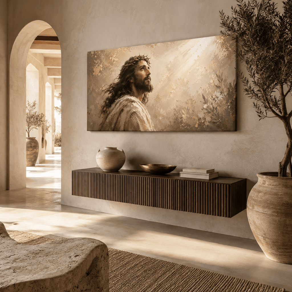 Jesus Christ Wall Art – Crown of Thorns Gold & Cream Textured Christian Canvas for Living Room