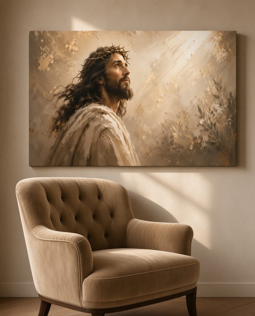 Jesus Christ Wall Art – Crown of Thorns Gold & Cream Textured Christian Canvas for Living Room