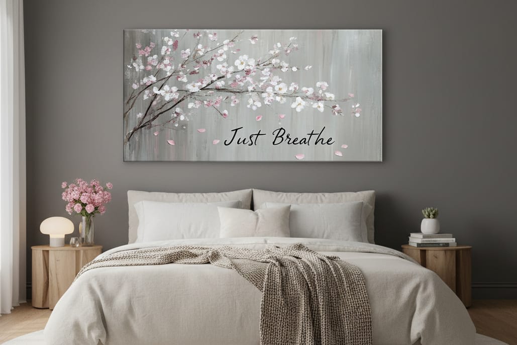 Just Breathe Floral V4 Canvas Wall Art – Soft Pink Cherry Blossom Bedroom Decor, Calming Quote Artwork