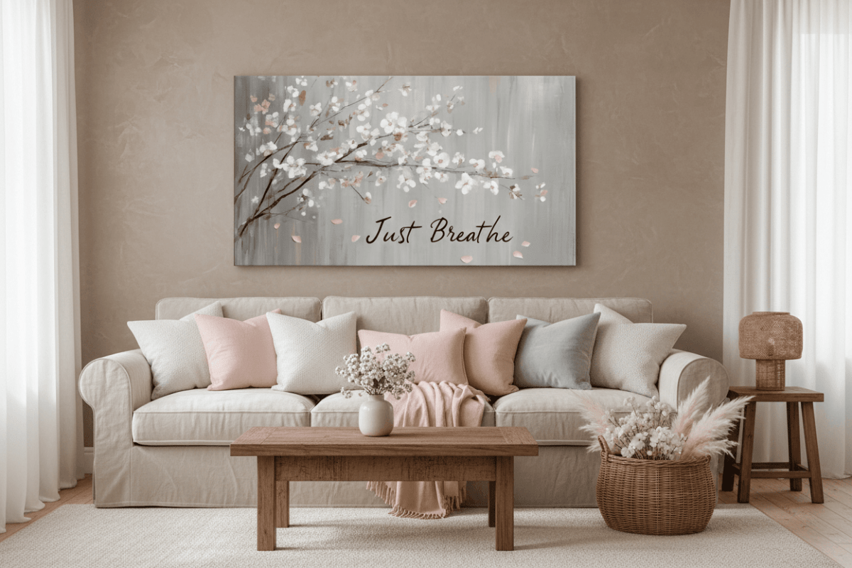 Just Breathe Floral V4 Canvas Wall Art – Soft Pink Cherry Blossom Bedroom Decor, Calming Quote Artwork