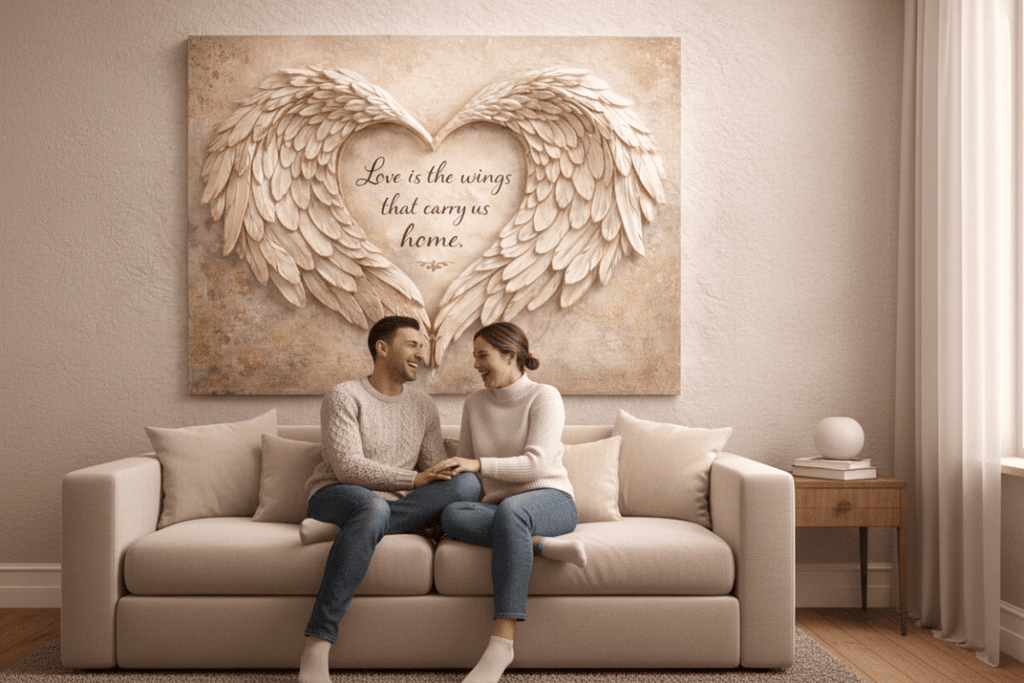 Love Is The Wings That Carry Us Home Wall Art - 3D Angel Wing Heart Canvas with Gold Leaf Texture