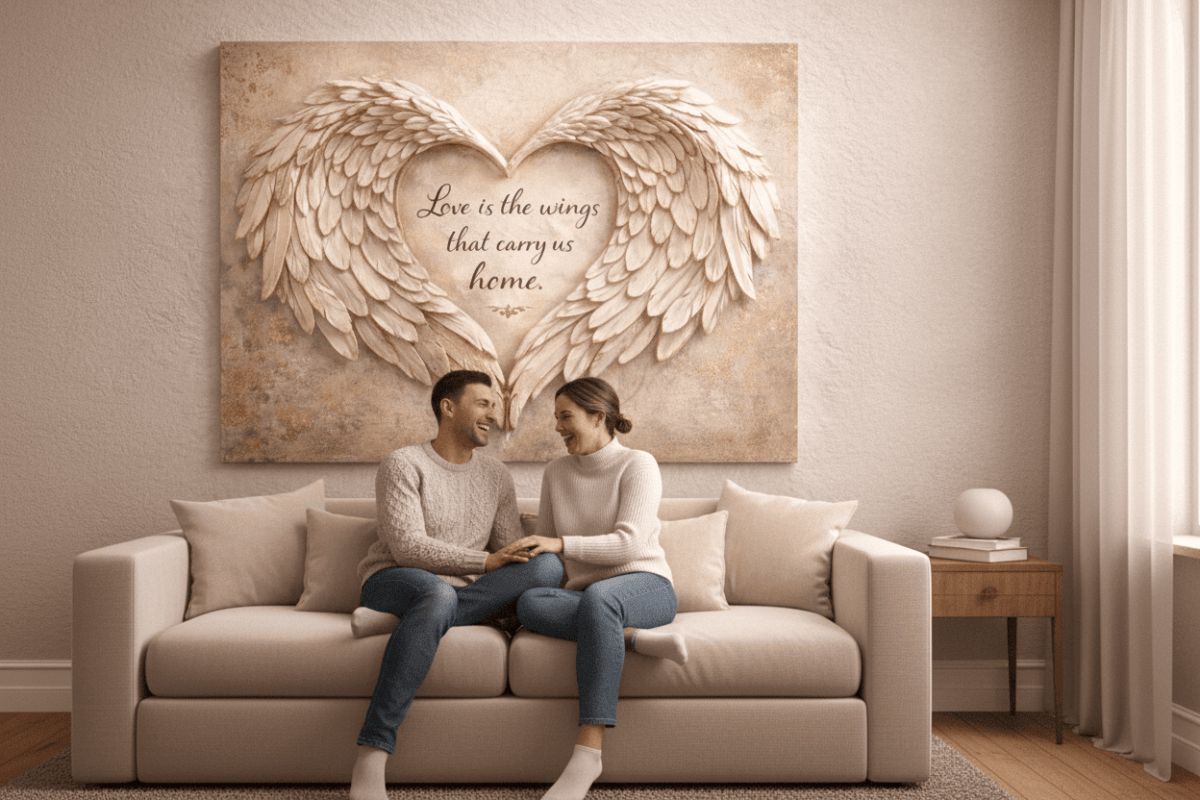 Love Is The Wings That Carry Us Home Wall Art - 3D Angel Wing Heart Canvas with Gold Leaf Texture