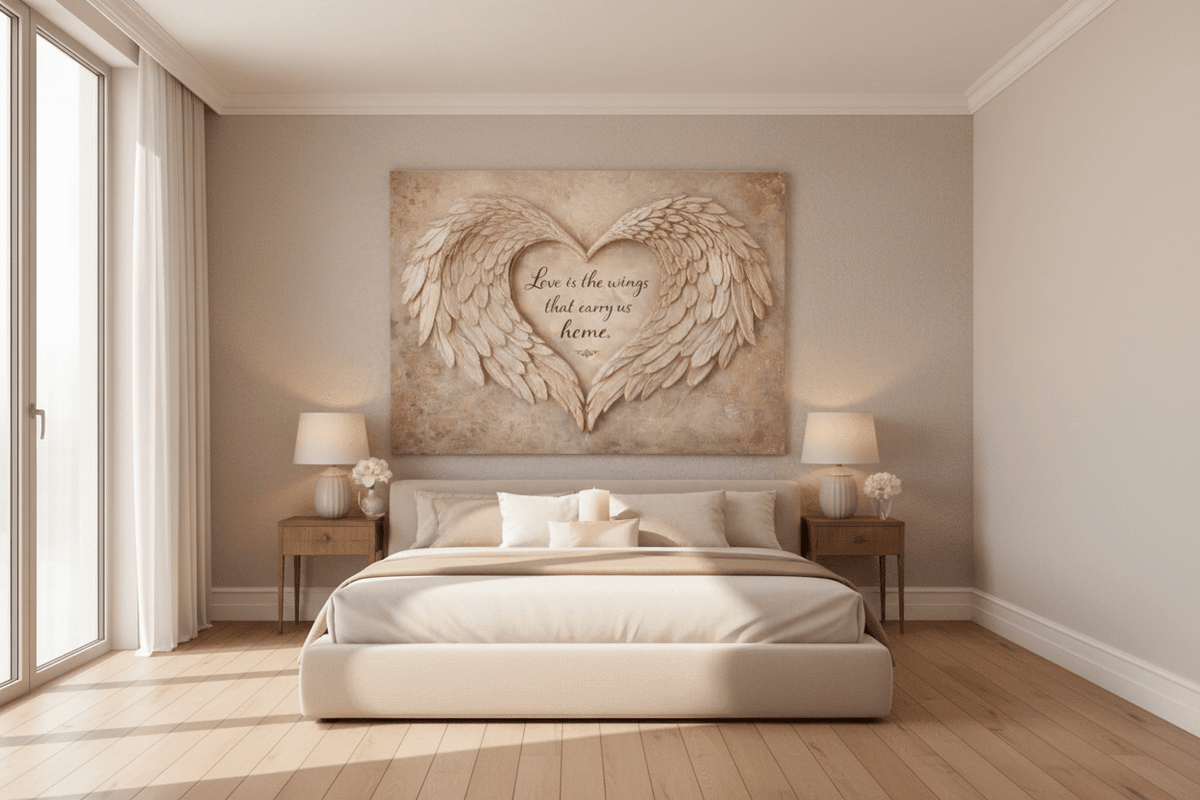Love Is The Wings That Carry Us Home Wall Art - 3D Angel Wing Heart Canvas with Gold Leaf Texture