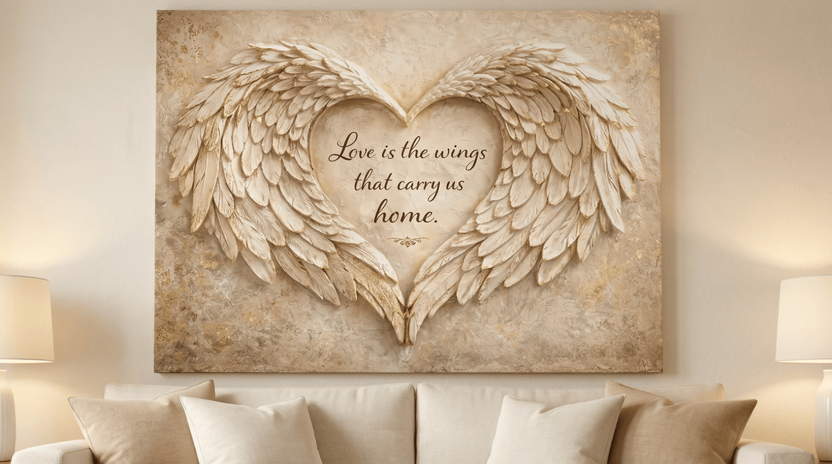 Love Is The Wings That Carry Us Home Wall Art - 3D Angel Wing Heart Canvas with Gold Leaf Texture