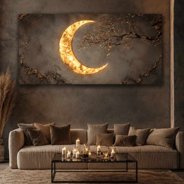 Luxury Crescent Moon Canvas Wall Decor – Illuminated Gold and Grey Artwork