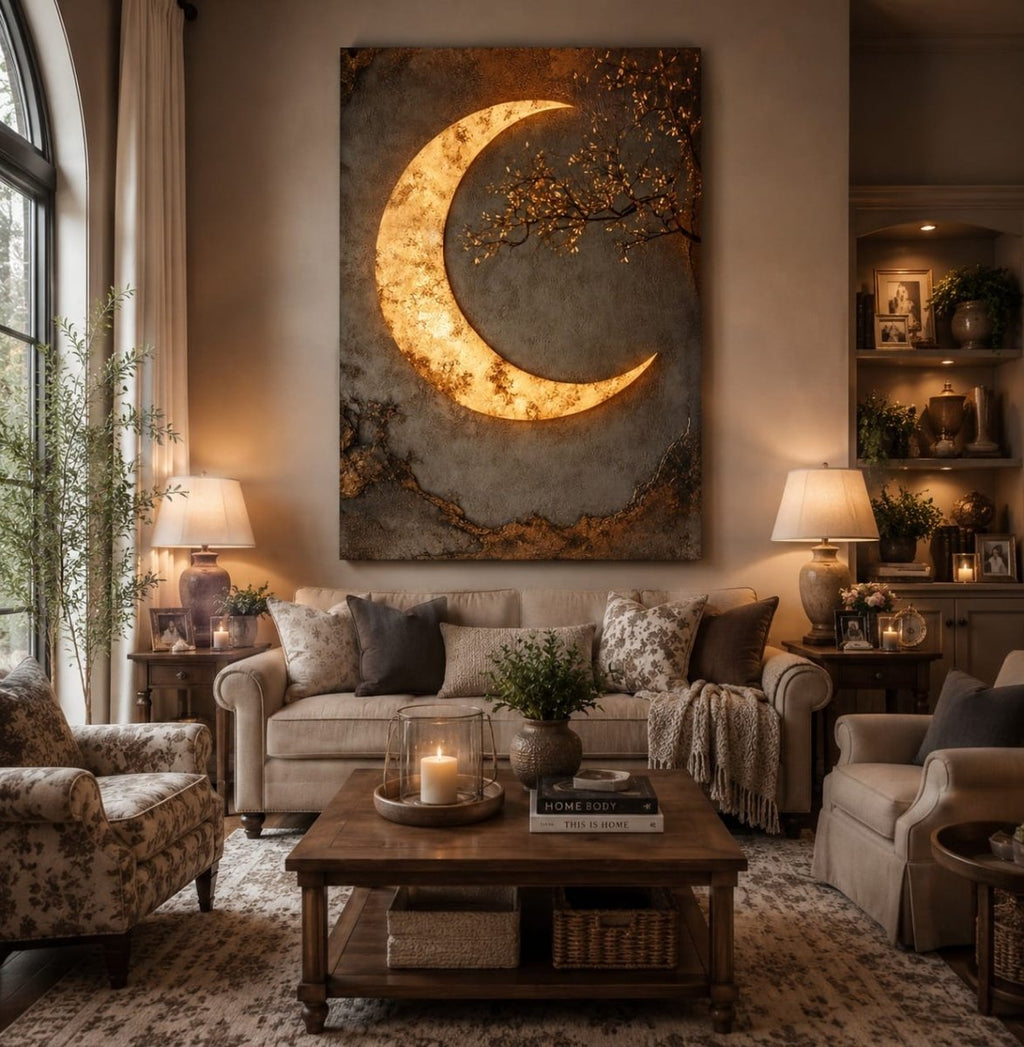 Luxury Crescent Moon Canvas Wall Decor – Illuminated Gold and Grey Artwork