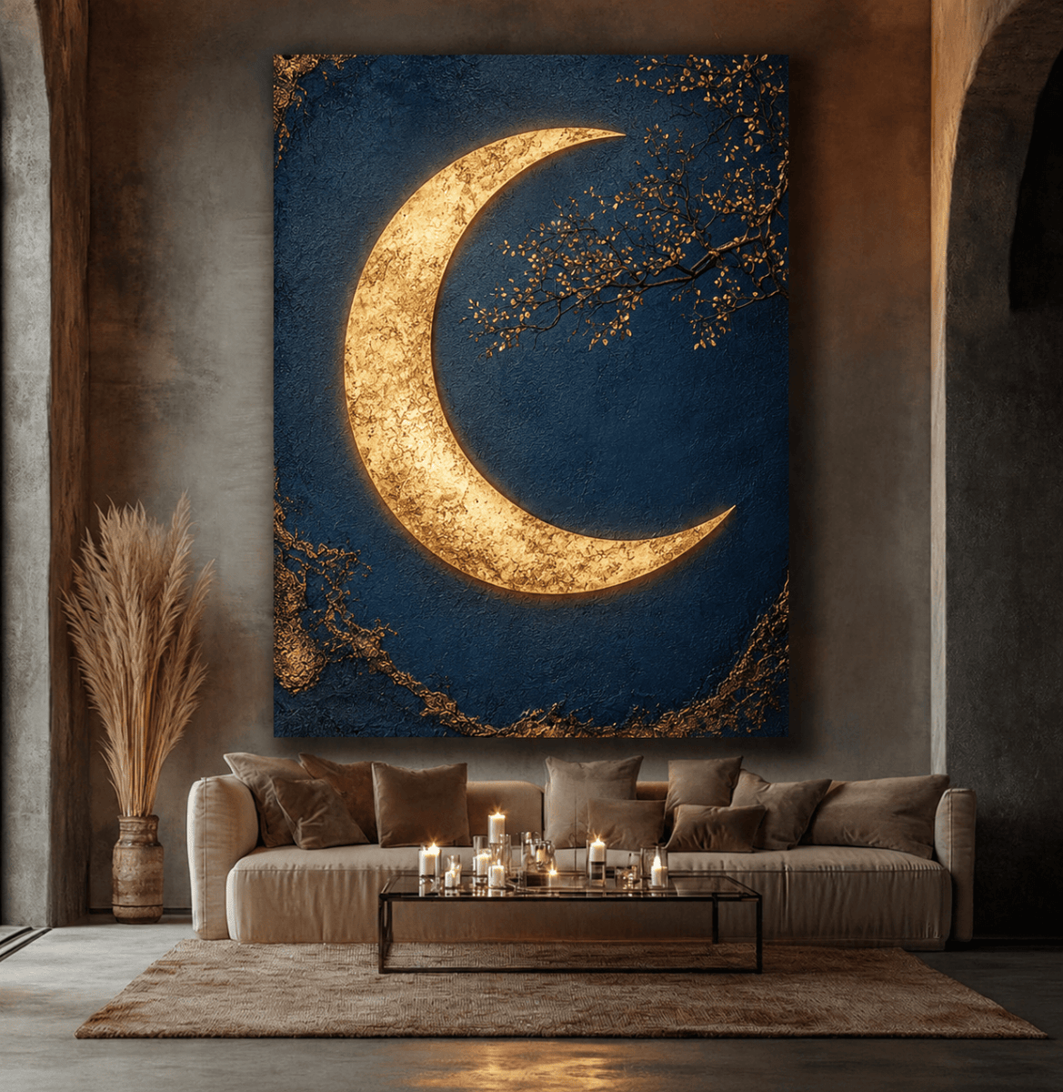 Luxury Crescent Moon Canvas Wall Decor – Illuminated Gold and Grey Artwork