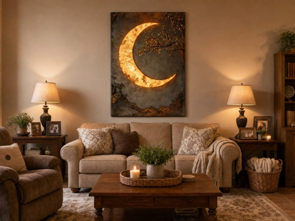 Luxury Crescent Moon Canvas Wall Decor – Illuminated Gold and Grey Artwork