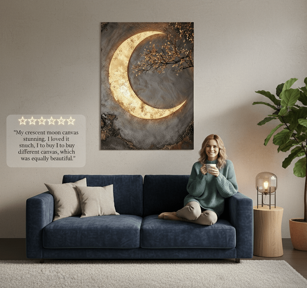 Luxury Crescent Moon Canvas Wall Decor – Illuminated Gold and Grey Artwork