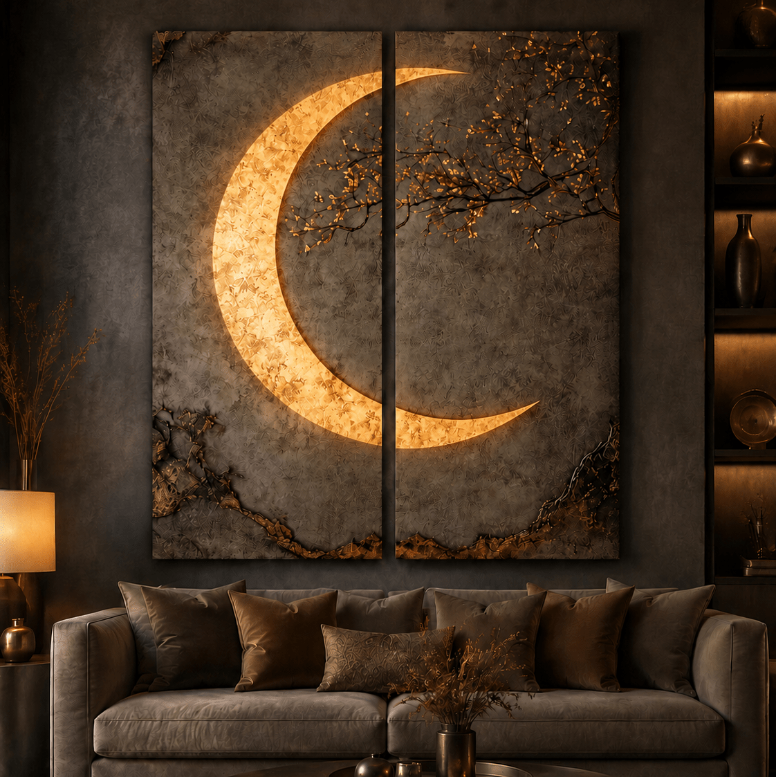 Luxury Crescent Moon Canvas Wall Decor – Illuminated Gold and Grey Artwork