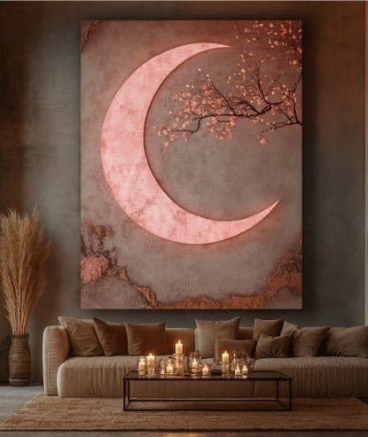 Luxury Crescent Moon Canvas Wall Decor – Illuminated Gold and Grey Artwork