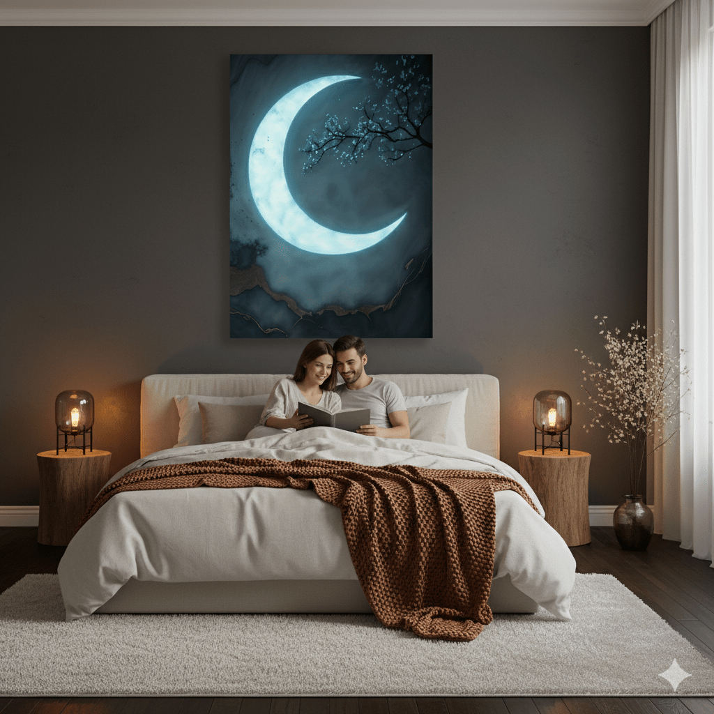 Luxury Crescent Moon Canvas Wall Decor – Illuminated Gold and Grey Artwork