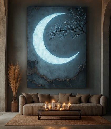 Luxury Crescent Moon Canvas Wall Decor – Illuminated Gold and Grey Artwork