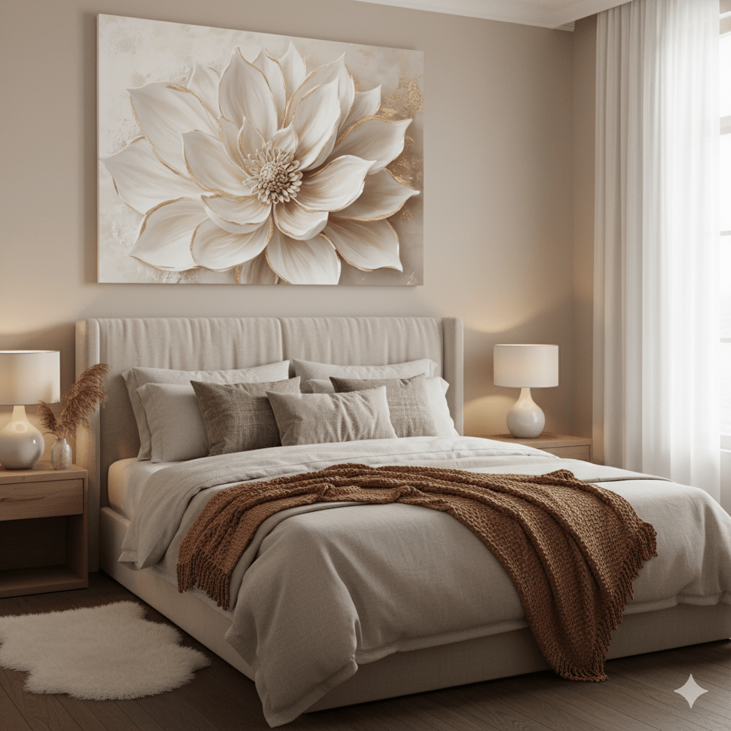 Luxury Flower Wall Art – Oversized Neutral Canvas with Beige and Gold Petals