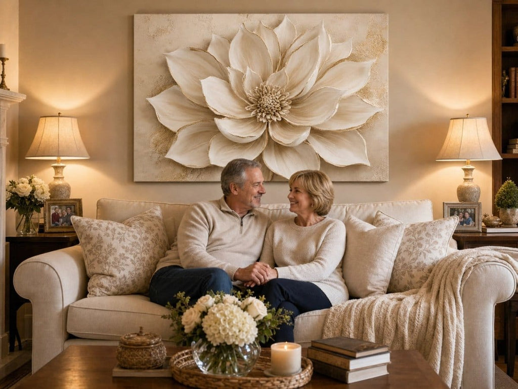 Luxury Flower Wall Art – Oversized Neutral Canvas with Beige and Gold Petals