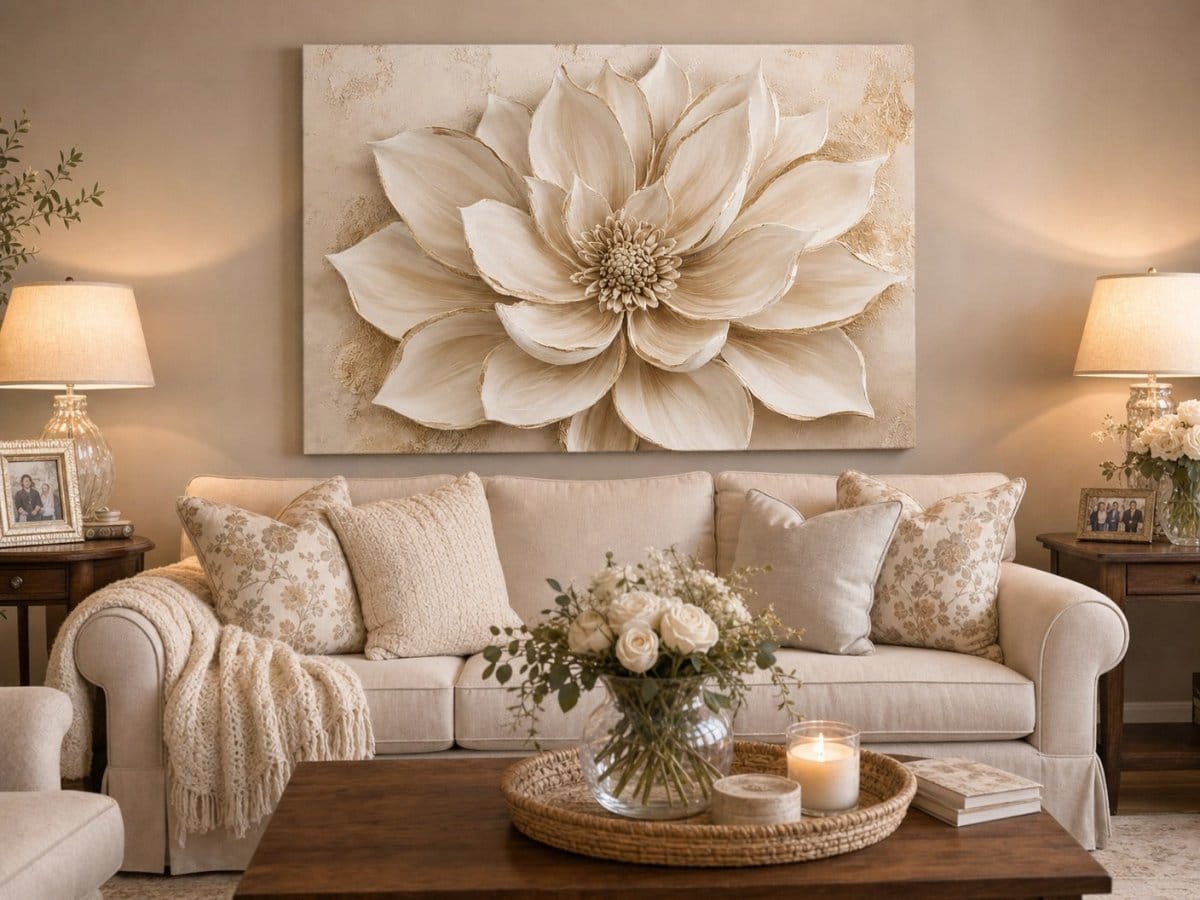 Luxury Flower Wall Art – Oversized Neutral Canvas with Beige and Gold Petals