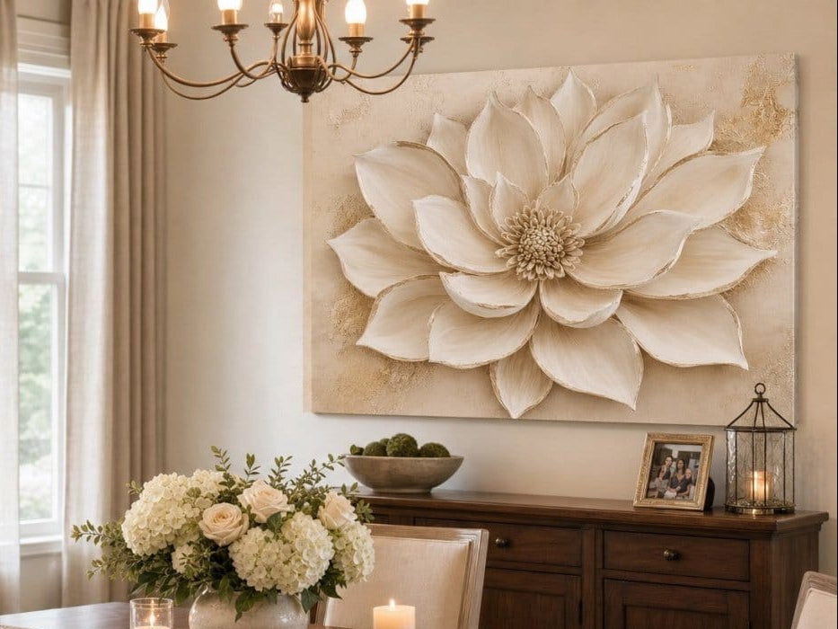 Luxury Flower Wall Art – Oversized Neutral Canvas with Beige and Gold Petals
