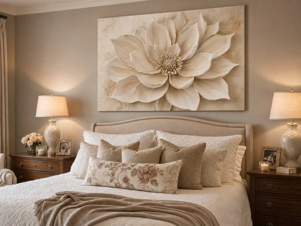 Luxury Flower Wall Art – Oversized Neutral Canvas with Beige and Gold Petals