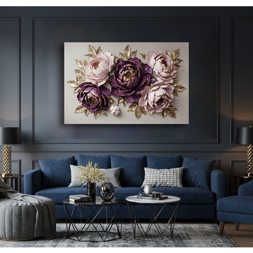 Majestic Peony Garden Wall Art – Deep Plum & Blush Floral Canvas