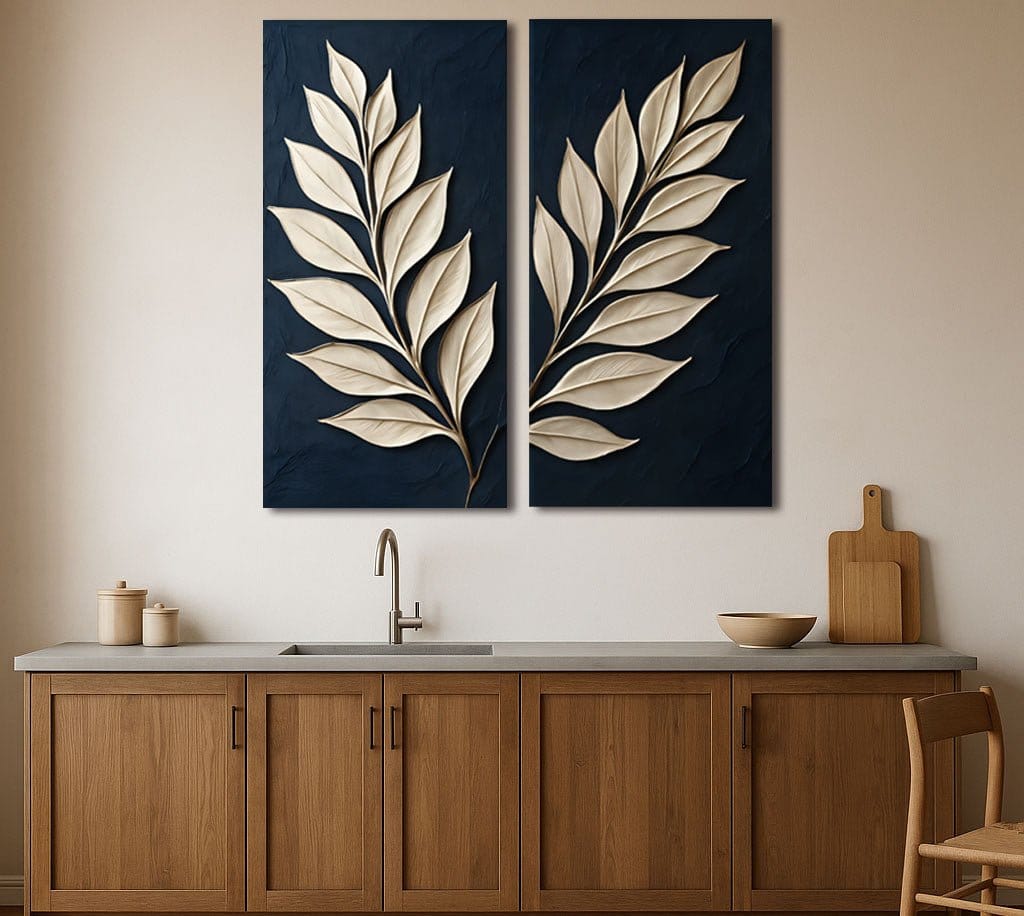 Modern Botanical Wall Art Minimalist Leaf Design on Navy Blue Background | Elegant 2 - Panel Canvas Print
