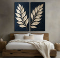 Modern Botanical Wall Art Minimalist Leaf Design on Navy Blue Background | Elegant 2 - Panel Canvas Print