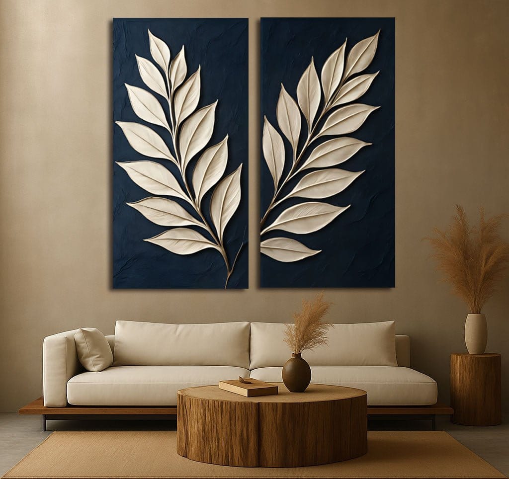 Modern Botanical Wall Art Minimalist Leaf Design on Navy Blue Background | Elegant 2 - Panel Canvas Print