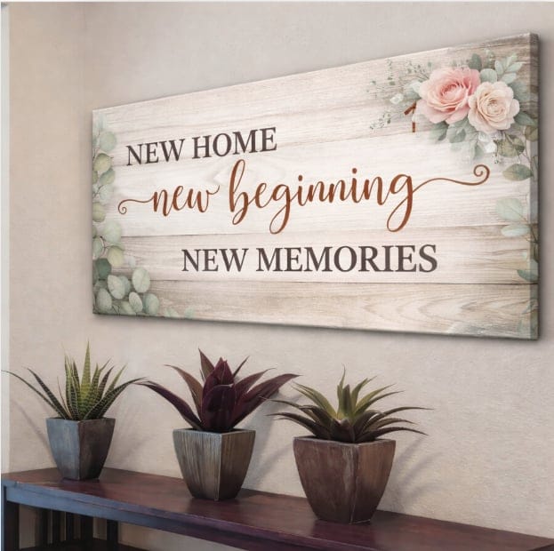 New Home New Beginning Floral Wall Art - Rustic Wood Style Canvas for Entryway & Living Room