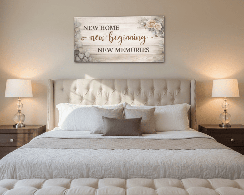 New Home New Beginning Floral Wall Art - Rustic Wood Style Canvas for Entryway & Living Room