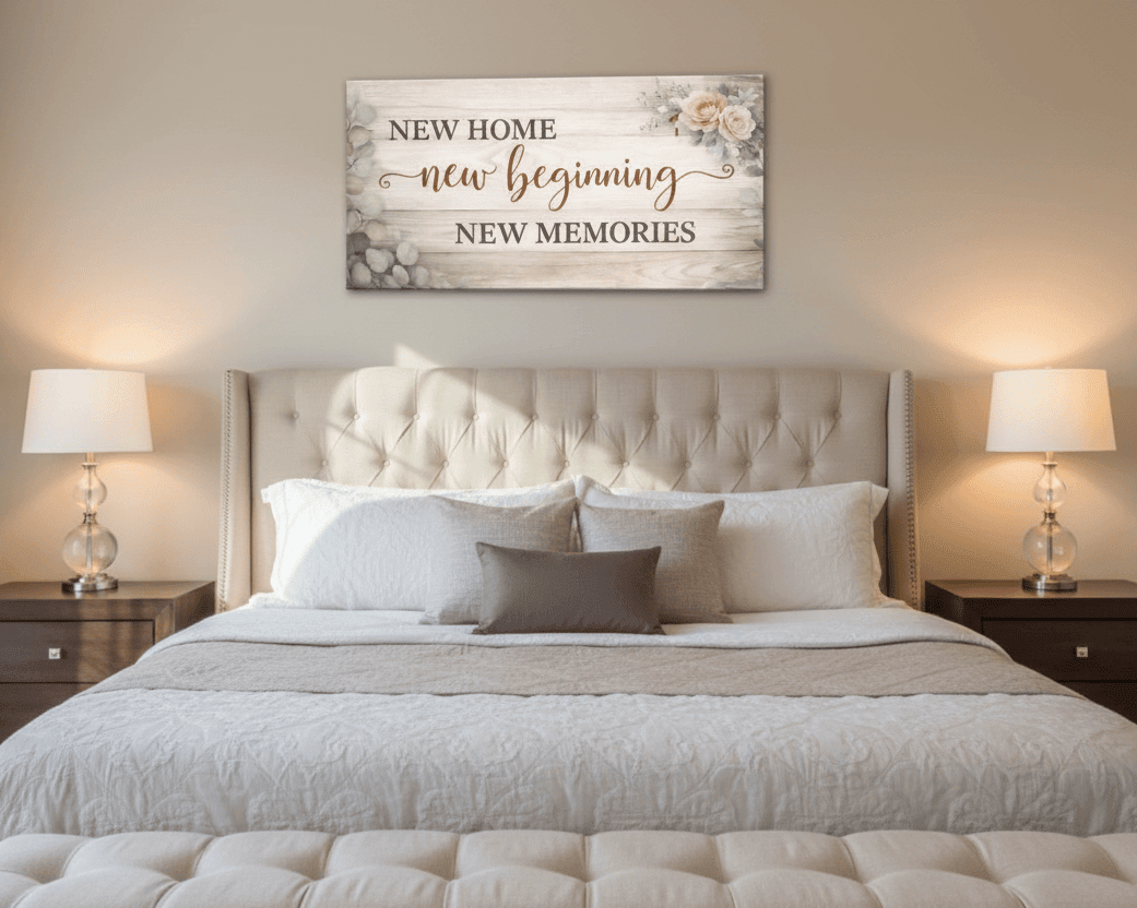 New Home New Beginning Floral Wall Art - Rustic Wood Style Canvas for Entryway & Living Room