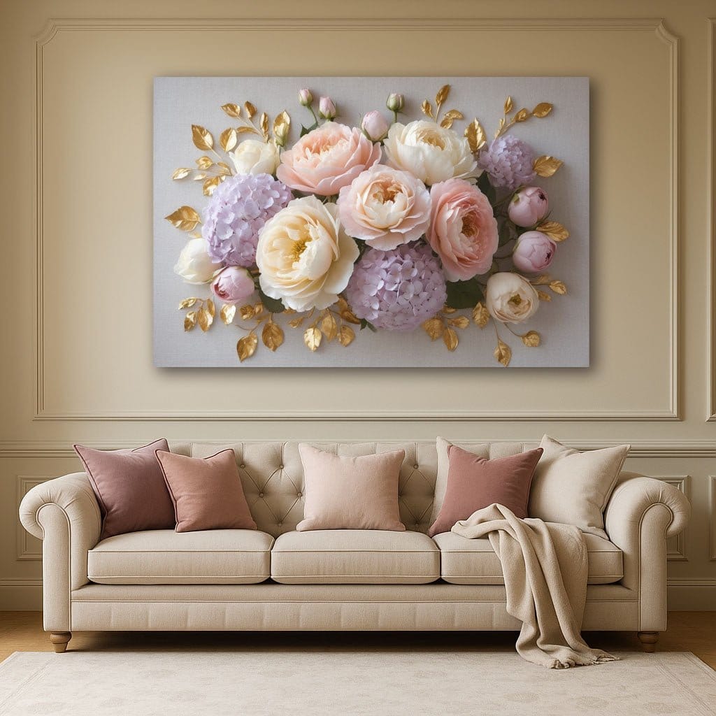 Pastel Garden Floral Wall Art Flat Canvas Print with Roses, Hydrangeas & Gold Leaves