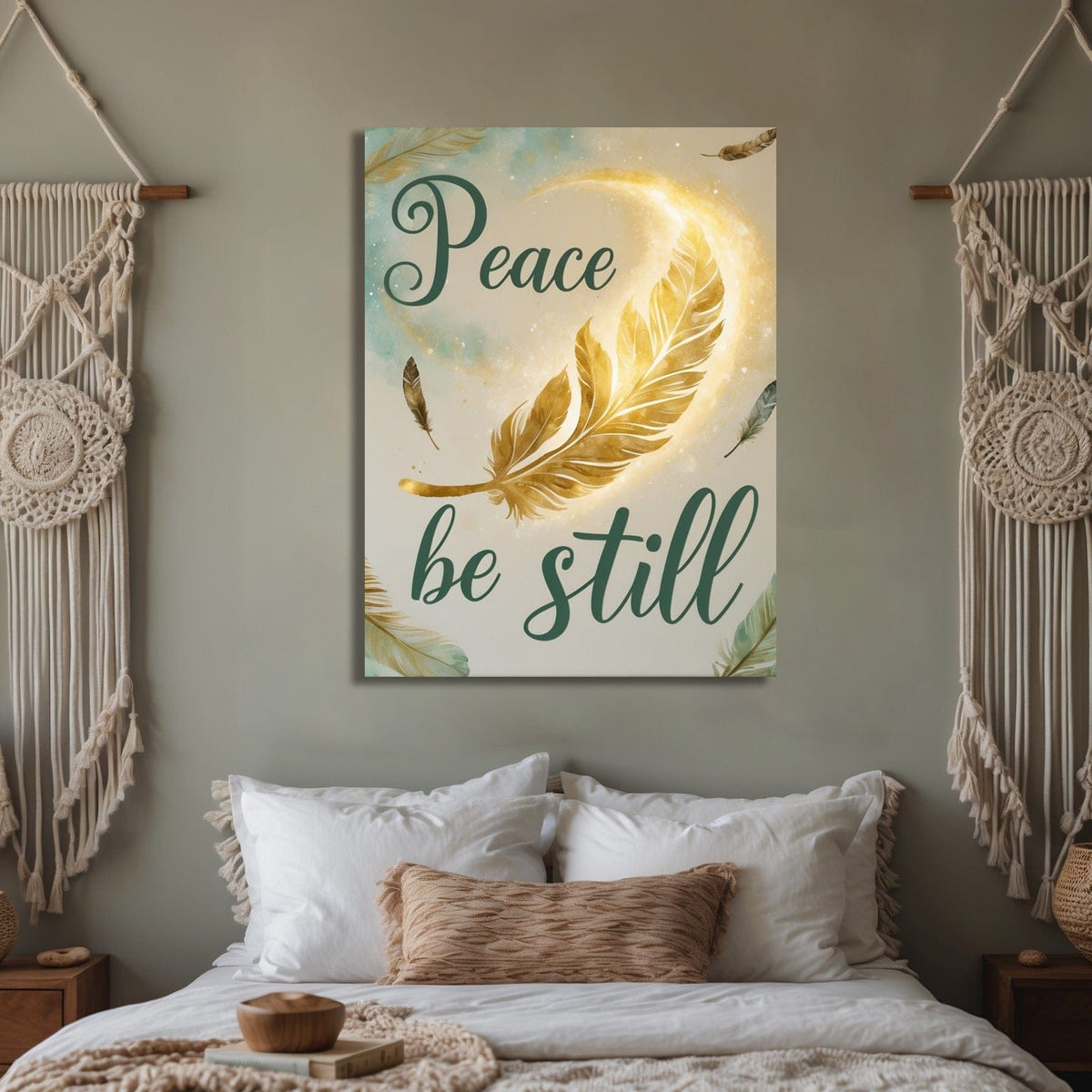 Peace Be Still Feather and Moon Christian Wall Art – Calming Bedroom Canvas Décor