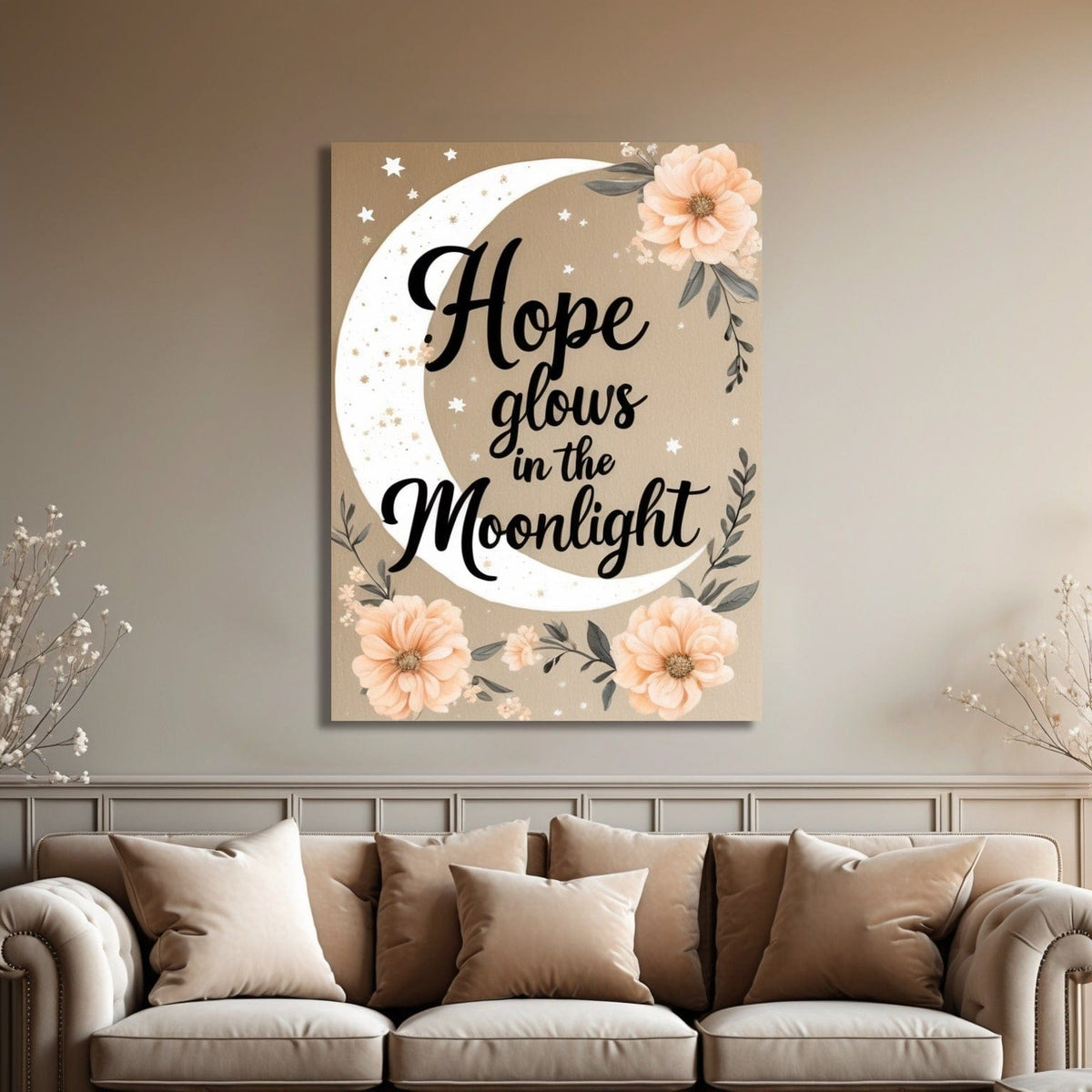 Radiant Faith Under the Night Sky – Christian Moon & Floral Canvas Art