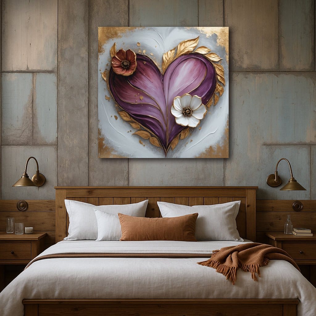 Radiant Love Bloom Canvas Print Purple & Gold Romantic Wall Art