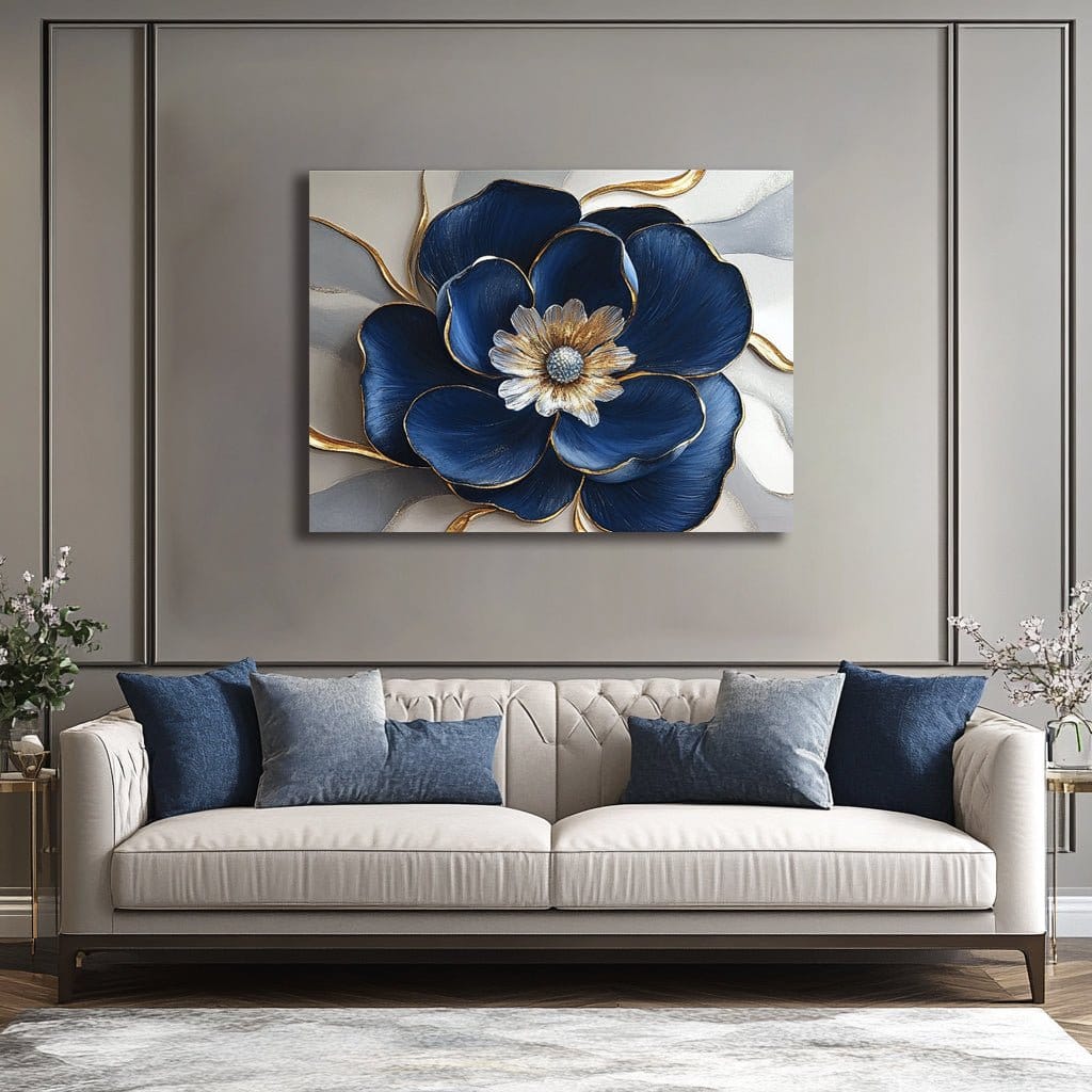 Royal Petal Radiance – Blue & Gold Floral Canvas Wall Art