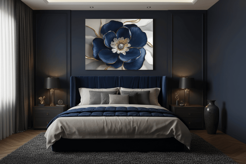 Royal Petal Radiance – Blue & Gold Floral Canvas Wall Art